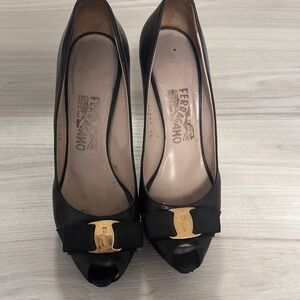 Salvatore Ferragamo Black Peep-Toe Heels with Gold Accent